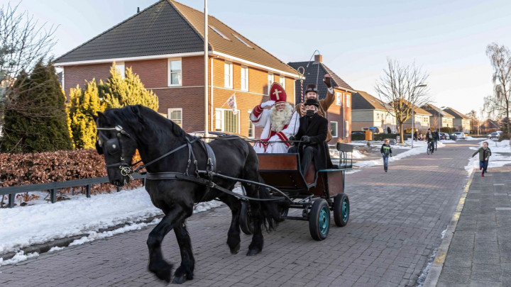 Sint Piter en Aldemar kwamen dit jaar op alternatieve wijze -met een 'hynstewein'- in Grou aan. Hier rijden ze door It Skûtsje. (Foto: Nienke Bruinsma)